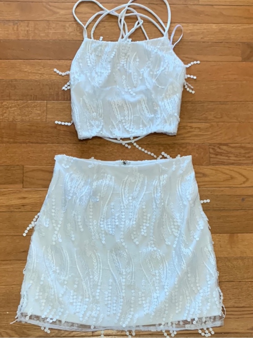Lulu's White fringe Crop Top & Mini Skirt Set
